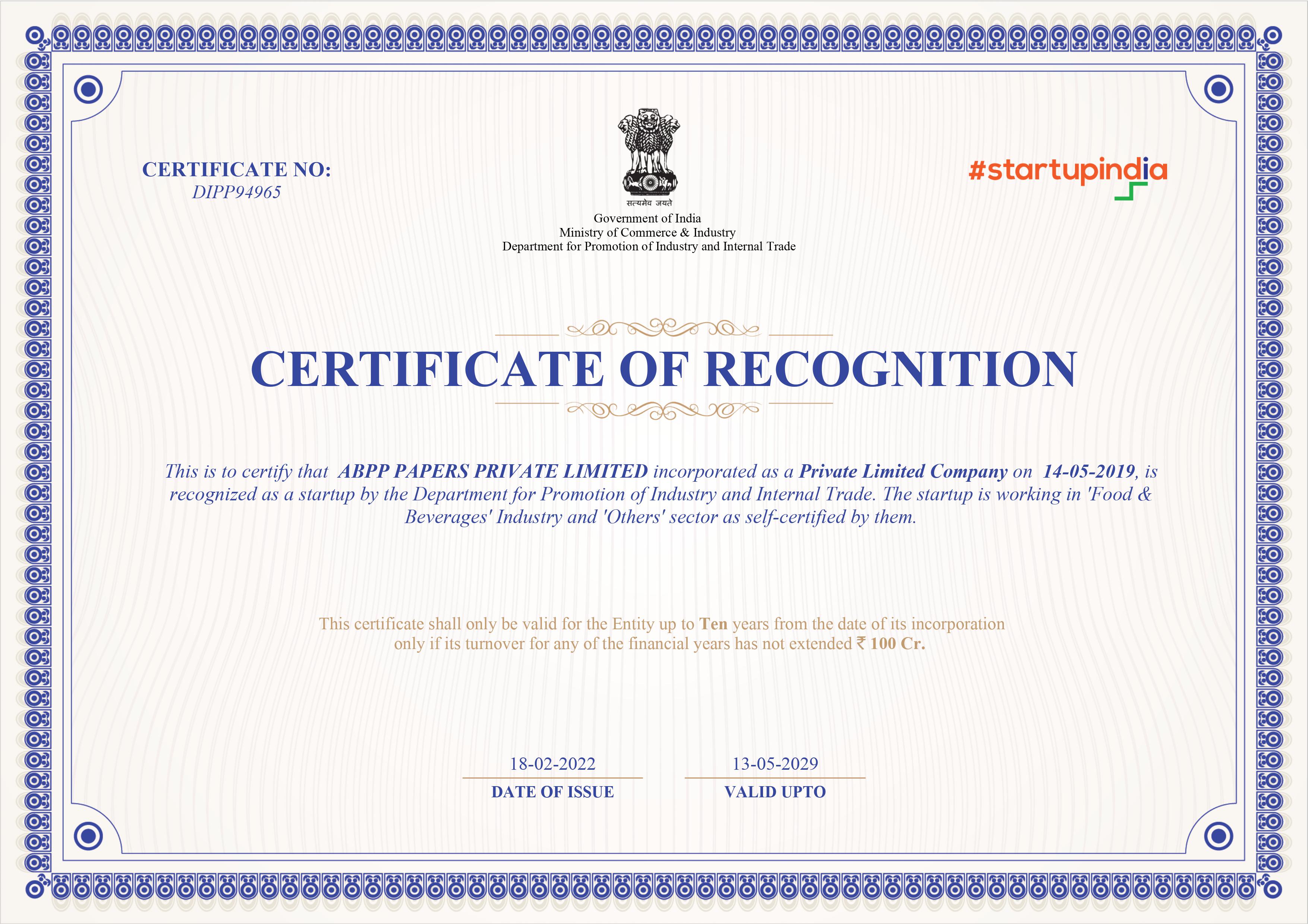 Startup India Certificate, ABPP Papers [DPIIT Recognition]
